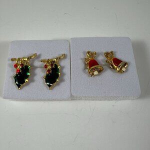 Christmas-Themed Gold-Tone Enamel Earrings Set - Holly Leaves & Red Bells Design